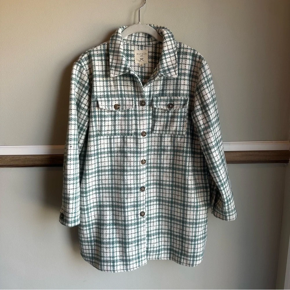 Hayden Wool Blend Green Cream Plaid Textured Jacket Button Up​​​